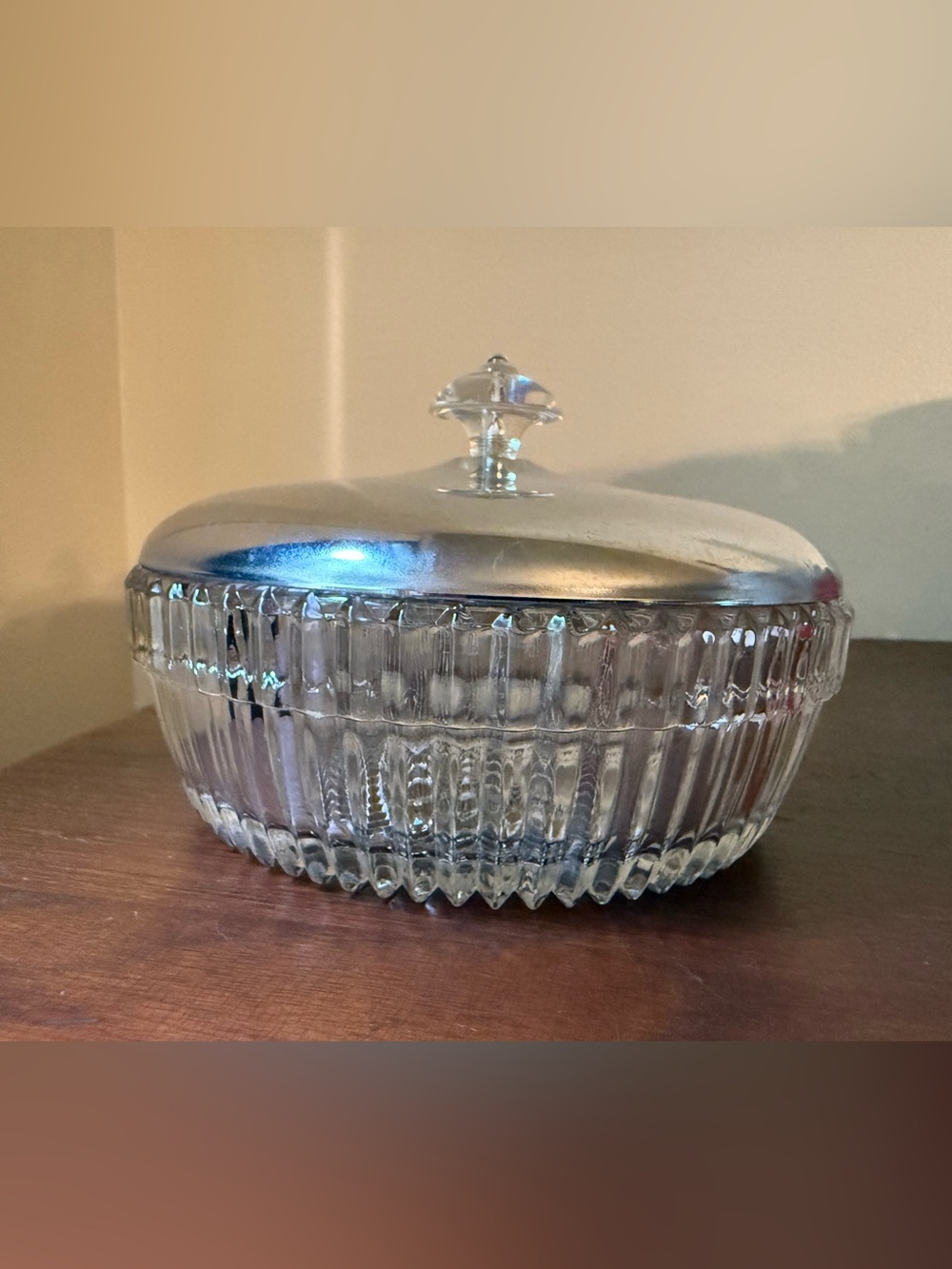 Clear Ribbed Glass Dish with Silver-Tone Lid